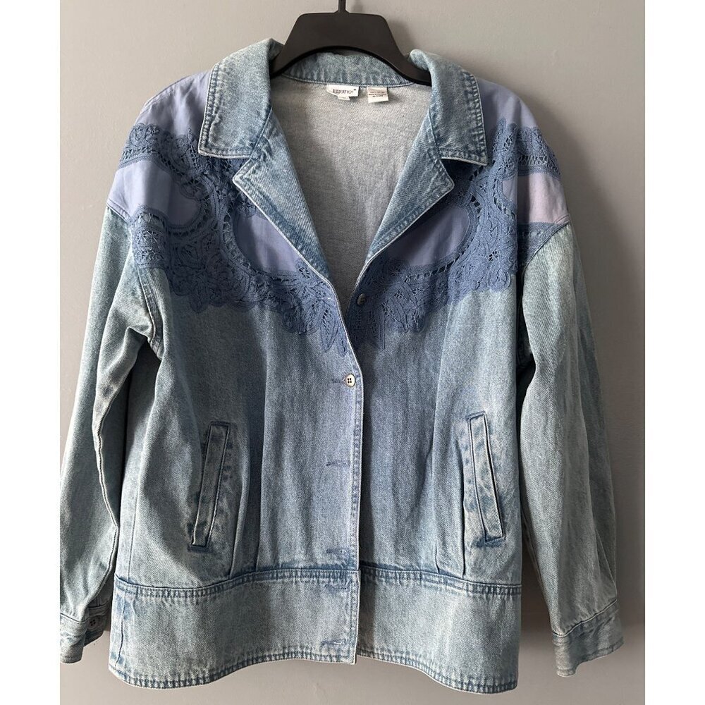 Together Women’s L Denim Jacket Crochet Chest Detail Y2k Retro Boho Vintage